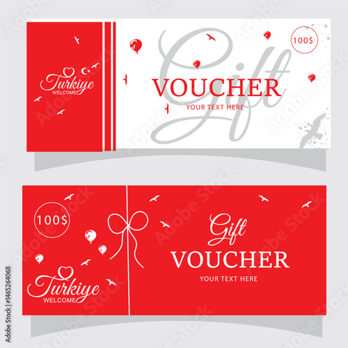 Two gift voucher designs, red , white. Includes Türkiye Welcome. Ideal for tourism, souvenirs, or general business. Space for text  value. Vector.