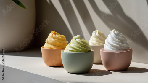 Obraz na płótnie Vibrant Creamy Desserts in Pastel Cups for Refined Presentation w salonie
