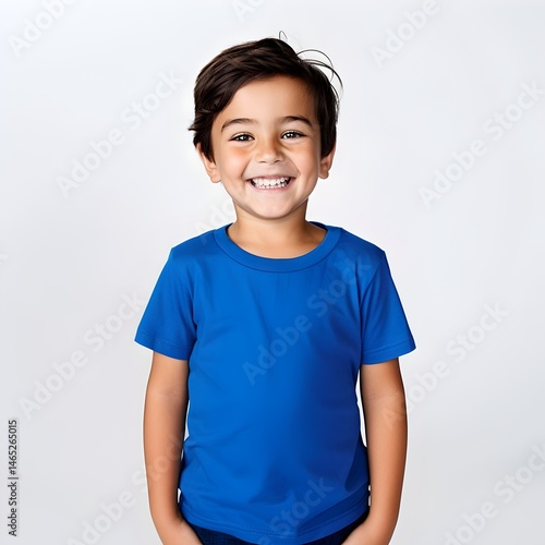Stylish 5 Year Old Boy Smiling on White Background 
blue shirt