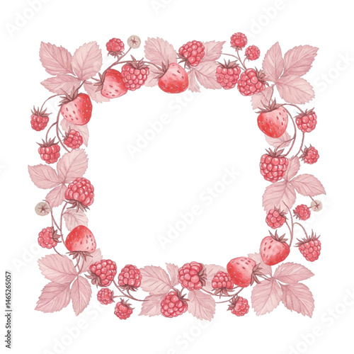 fruit frame of strawberries, raspberries, leaves with space for text on white