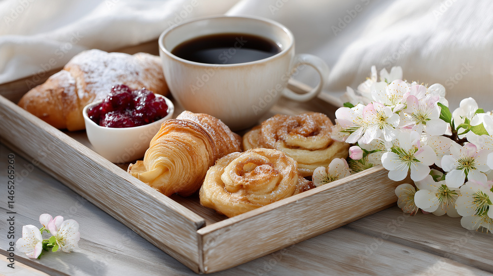 Freshly Baked Pastries with Coffee and Spring Blossoms