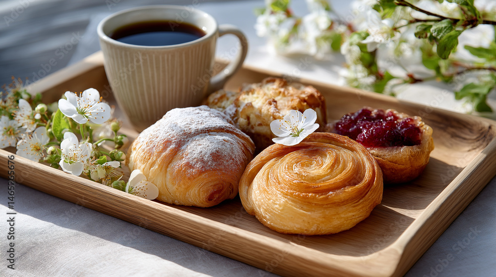 Rustic breakfast with pastries and coffee surrounded by spring blossoms