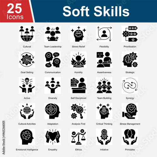 Soft Skills is a collection of icons representing the essential interpersonal and intrapersonal skills that enhance teamwork, leadership, communication, emotional intelligence, stress management, and 