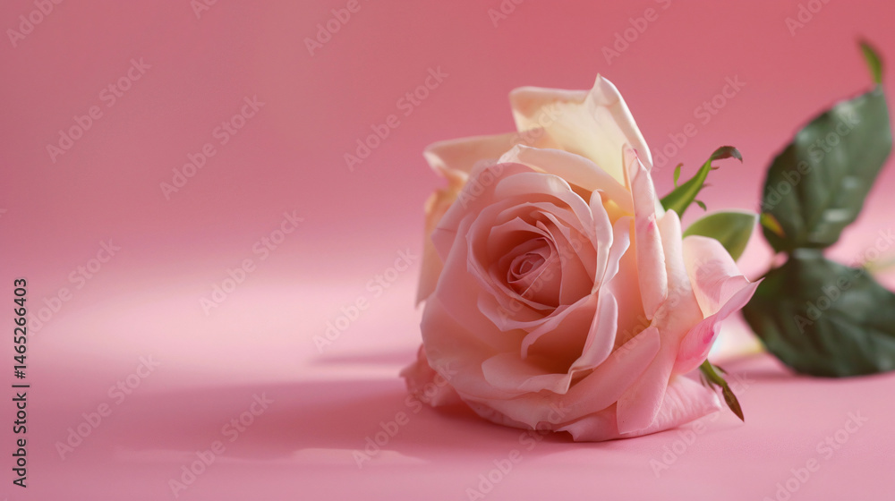 Fototapeta premium Single pale pink rose with soft petals and green leaves on a subtle pink backdrop