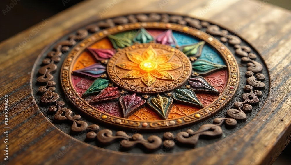 Obraz premium Reiki symbols etched in wood, close-up detail, art, mystical, reiki