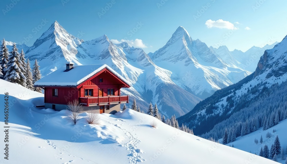 Fototapeta premium Red and white striped chalet against snow capped peaks, travel, scene
