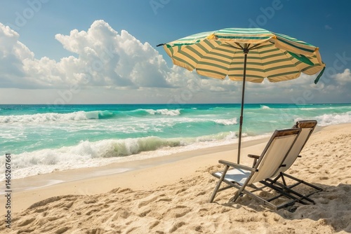 Relaxing Beach Chair Under Striped Umbrella by the Waves Generative AI