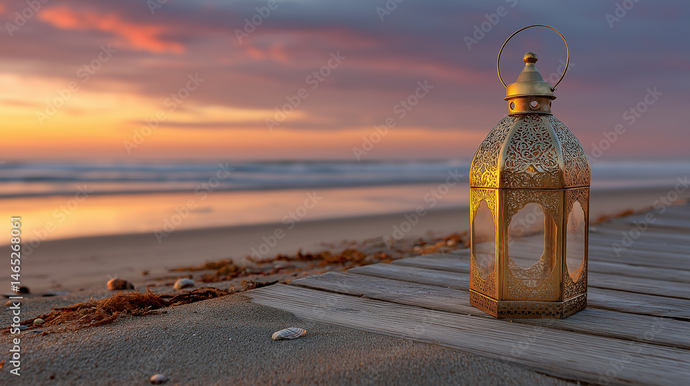 A vintage brass lantern on a beach at sunset