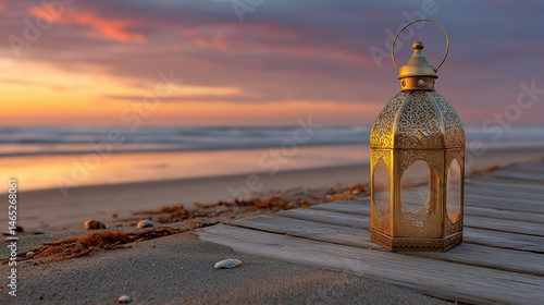 Obraz na płótnie A vintage brass lantern on a beach at sunset w salonie
