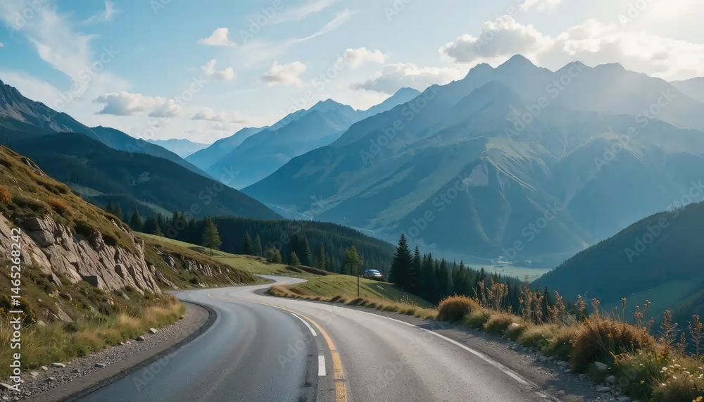 Fototapeta premium Scenic Mountain Road Trip: Winding Asphalt Path Through Majestic Peaks