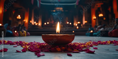 A traditional lit oil lamp surrounded by rose petals during a religious ceremony with incense smoke