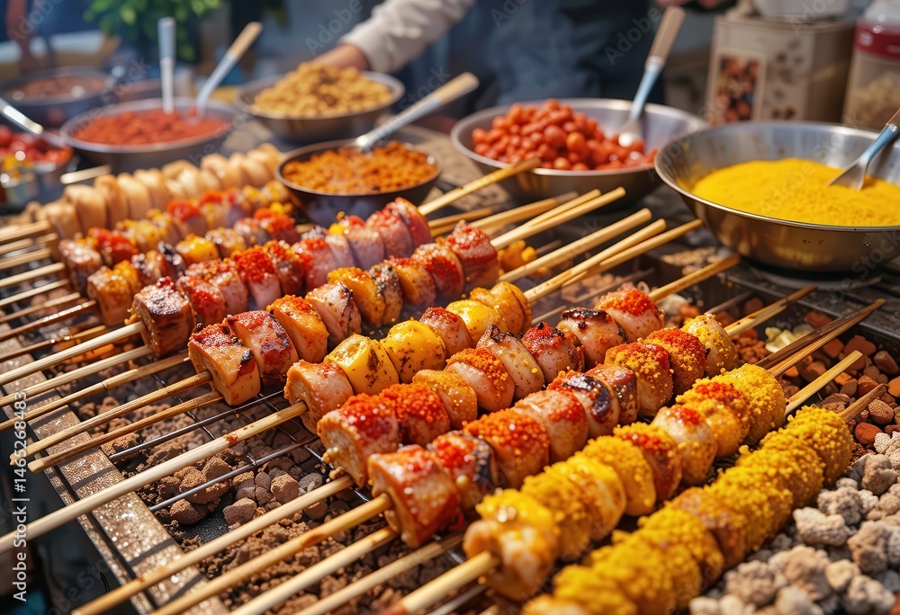 Grilled skewers on display at a bustling street market during the evening Grilled skewers on display at a bustling street market during the evening