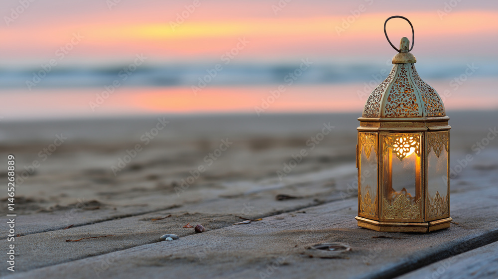 A vintage brass lantern glowing on a beach at sunset