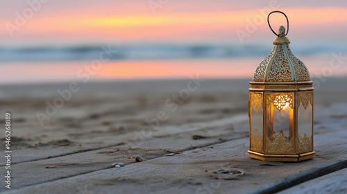Obraz na płótnie A vintage brass lantern glowing on a beach at sunset w salonie