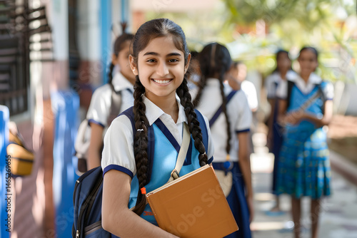 Happy Indian high school girl student with school uniform