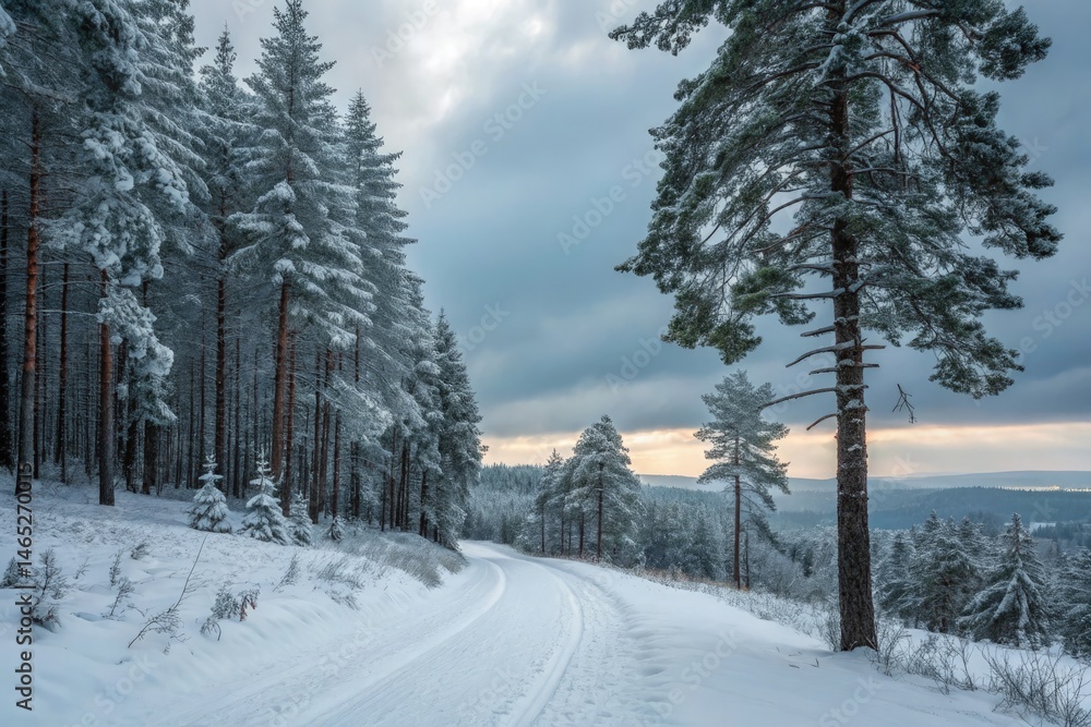 Snow Covered Path Winds Through Pine Forest in Winter Generative AI