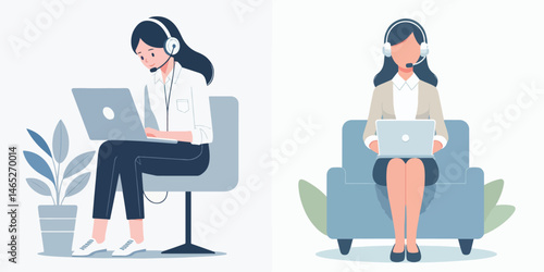 male customer service using headset while typing vector flat design style