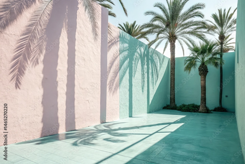 Soft Sunlight on Pastel Walls and Palm Trees in a Serene Space