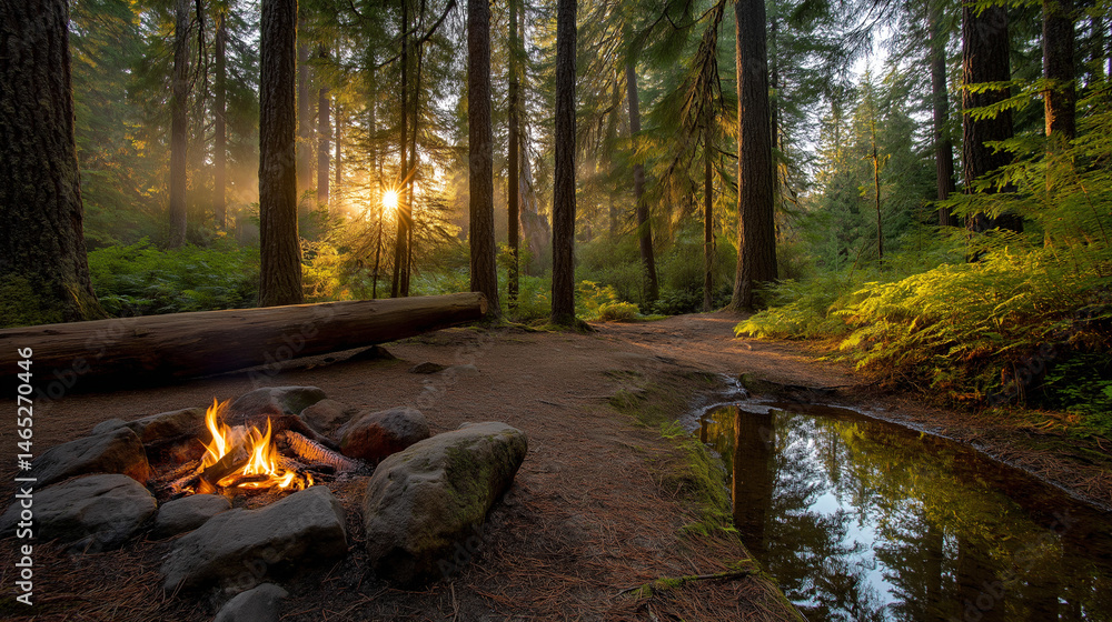 Tranquil forest clearing with campfire and vibrant nature