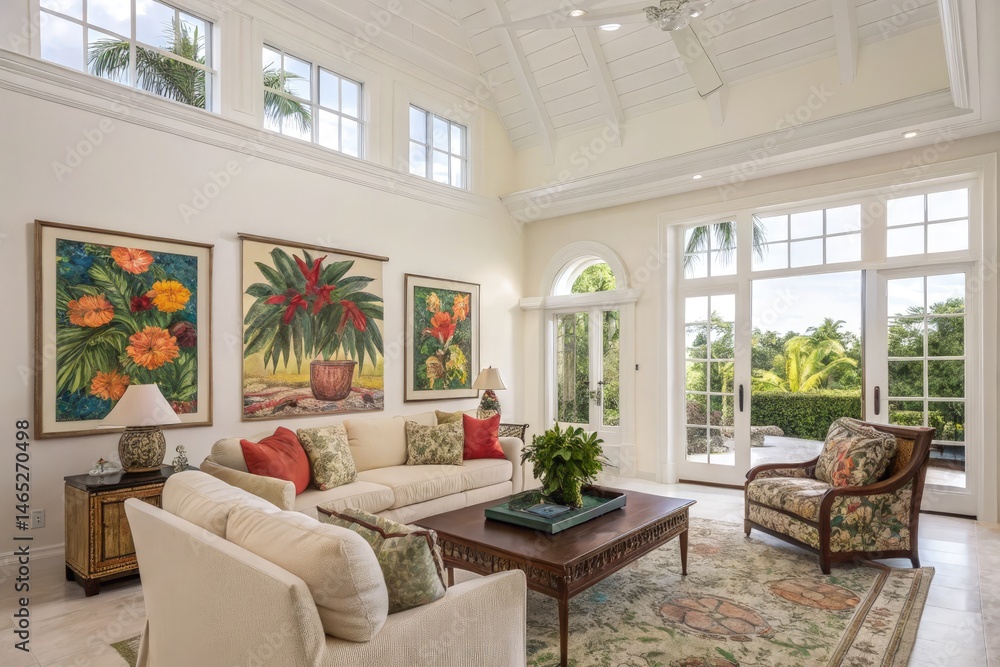 Comfortable Spacious Living Room With Tropical Decor and Views Generative AI