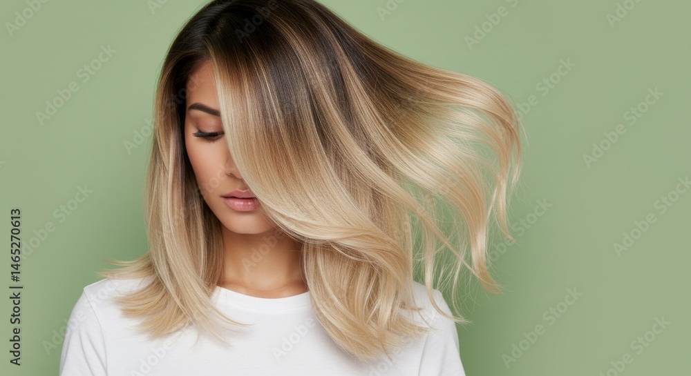 Fototapeta premium Elegant woman with ombre blonde hair posing gracefully against soft background