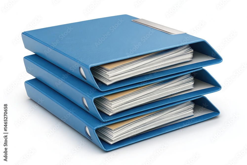 Stacked Blue Folders Containing Documents on a White Surface Generative AI