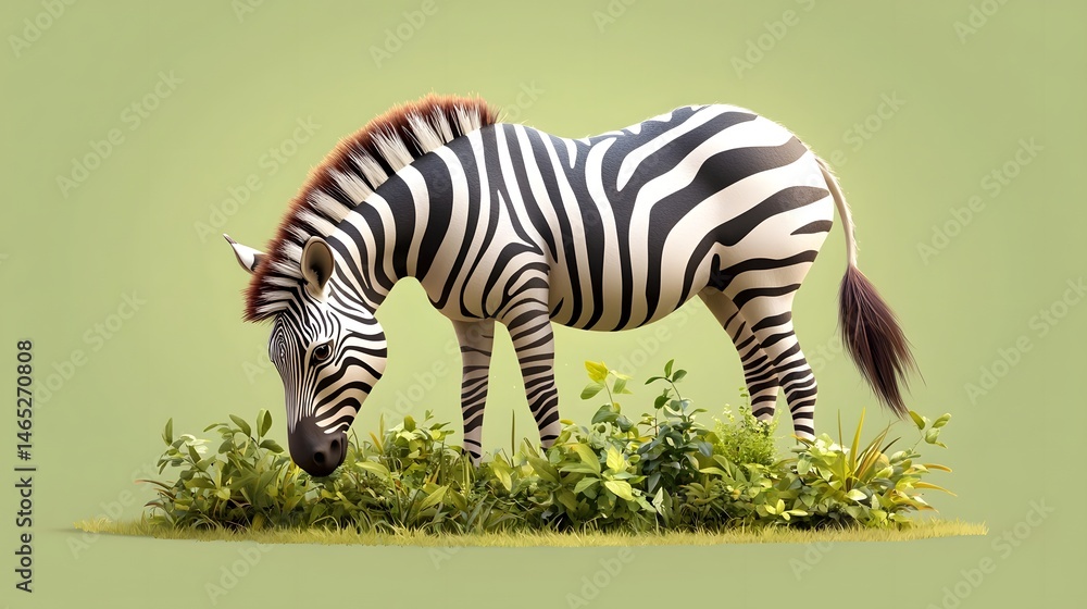 Fototapeta premium A zebra stands alert and watchful grazing peacefully in a lush green field against a minimalist background