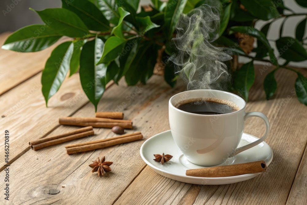 Steaming Cup of Coffee on a Wooden Table With Spices Generative AI