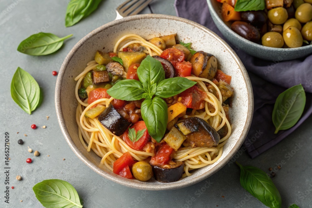 Tasty Caponata Pasta With Fresh Basil Served in a Bowl Generative AI