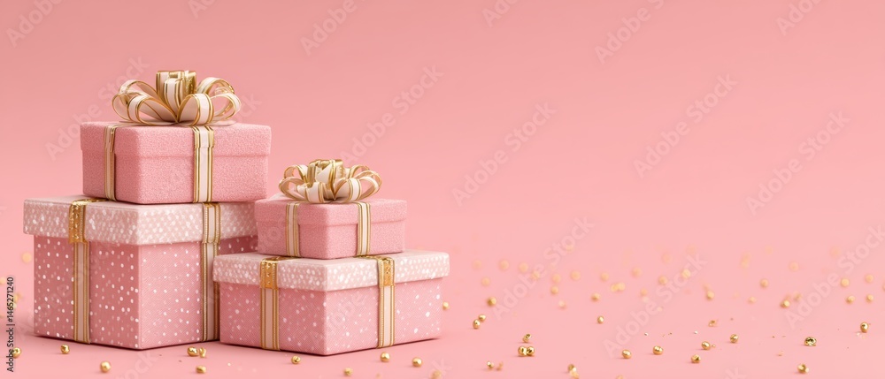 Obraz premium Pastel gift boxes with ribbons and star confetti on coral background