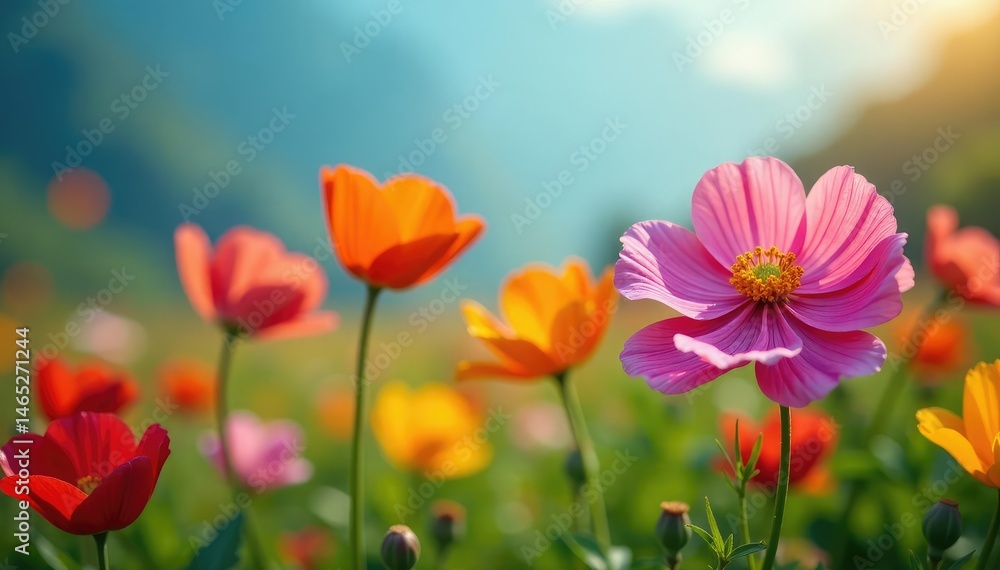 Close-up of vibrant, colorful flowers blooming in a meadow, showcasing the diversity of nature's evolution , nature, macro, growth Close-up of vibrant, colorful flowers blooming in a meadow, showcasing the diversity of nature's evolution , nature, macro, growth