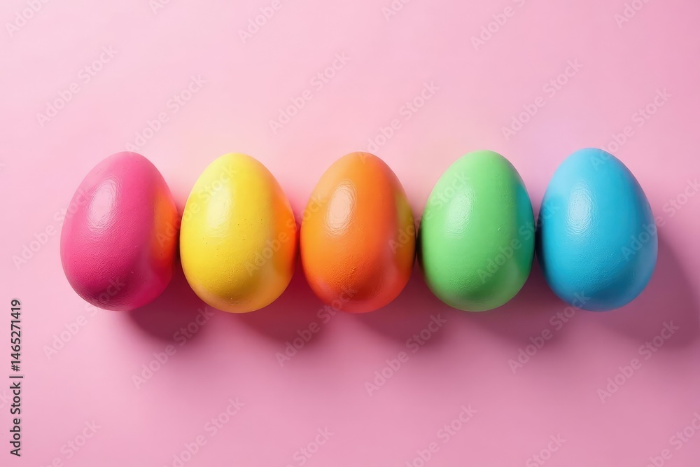 Colorful painted eggs arranged in a dynamic, arrow-like formation against a pastel background , festive, modern, rabbit Colorful painted eggs arranged in a dynamic, arrow-like formation against a pastel background , festive, modern, rabbit
