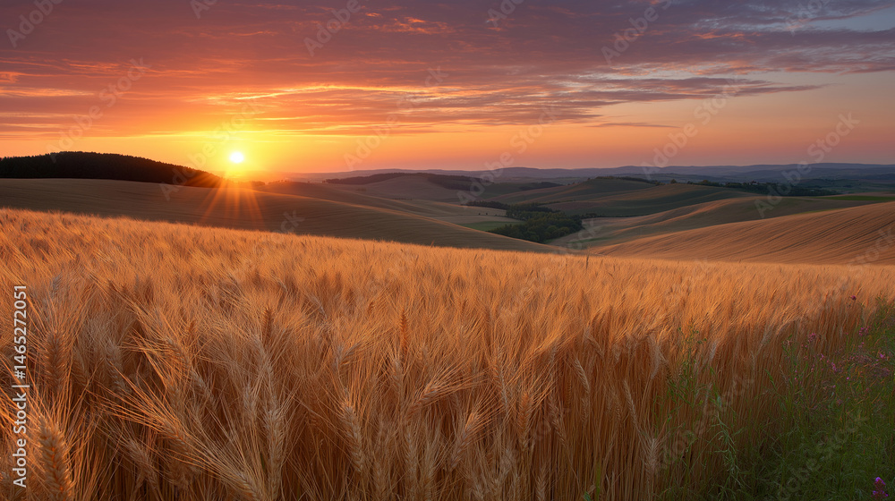A stunning sunset over golden wheat fields