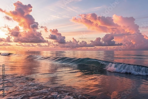 Obraz na płótnie Tranquil Ocean Waves at Sunset With Soft Clouds Generative AI w salonie