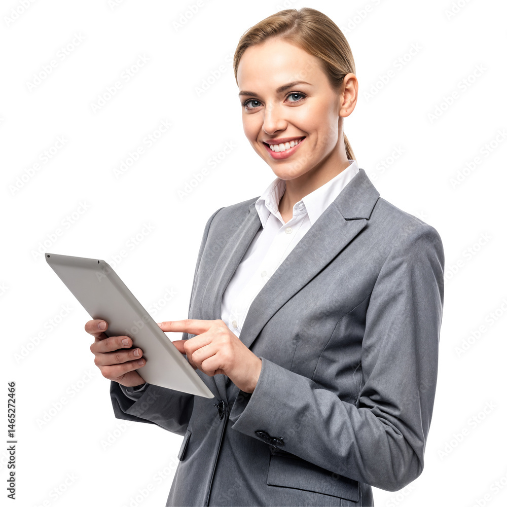 Female Businesswoman Using Tablet, Smiling Female Businesswoman Using Tablet, Smiling
