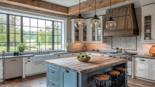 Rustic farmhouse kitchen with large windows