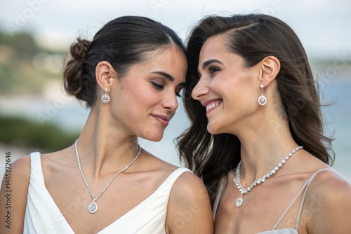 Brunette Women Showcasing Silver Necklaces by the Shore Generative AI