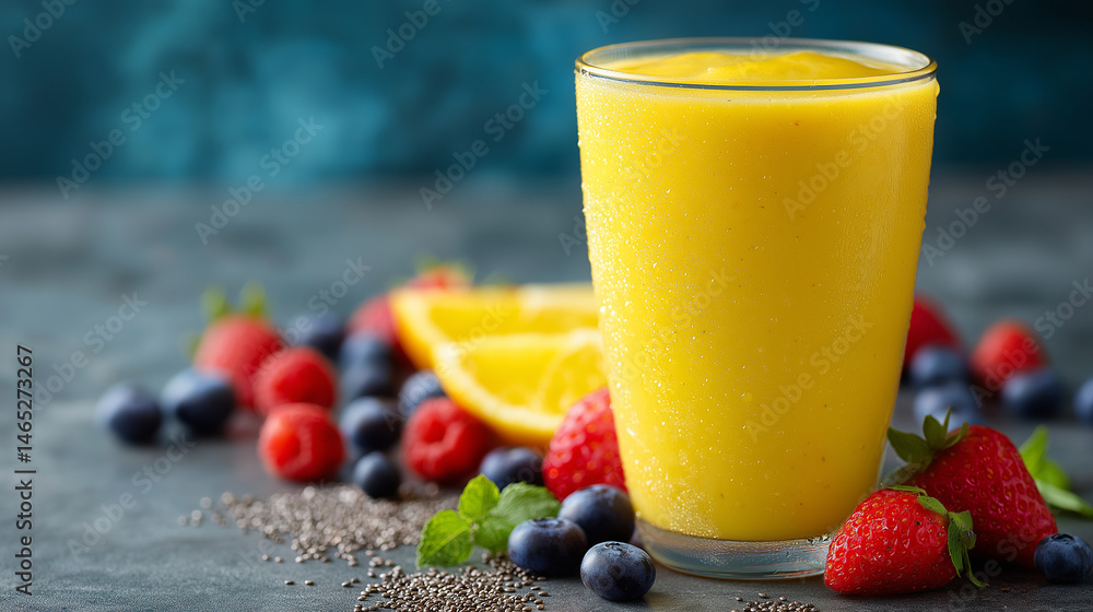 Thick creamy yellow smoothie with fresh berries and citrus on teal background