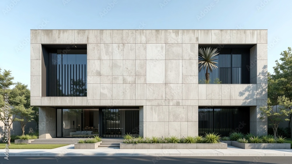 Fototapeta premium Modern Concrete House Exterior. Minimalist Residential Architecture. Luxury Villa with a Concrete Facade