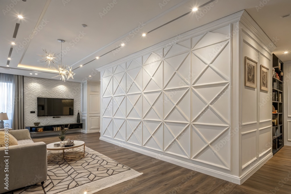 Modern Living Room With White Geometric Wall Paneling Design Generative AI