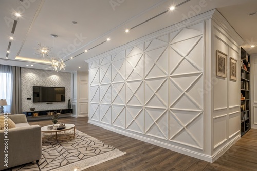 Modern Living Room With White Geometric Wall Paneling Design Generative AI