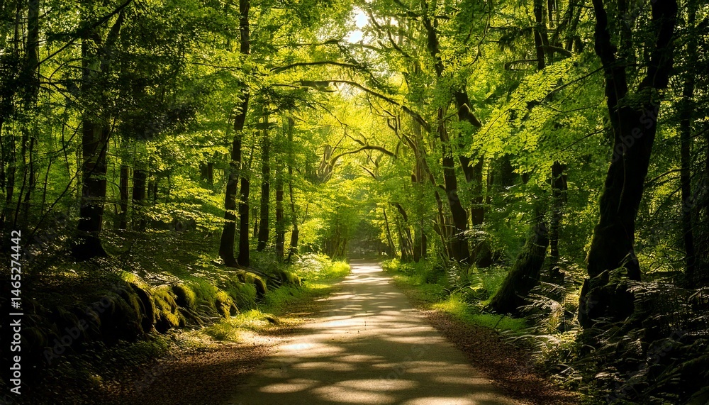 Fototapeta premium Camino bañado por el sol entre frondosos árboles verdes