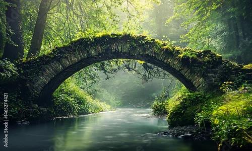 A serene stone bridge covered in moss arches gracefully over a tranquil river, surrounded by lush greenery and soft morning light filtering through the trees