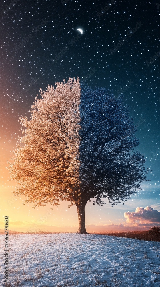 A stunning tree exhibits dual seasons, with one side in vibrant autumn hues and the other in serene winter tones, under a starry night sky and crescent moon.