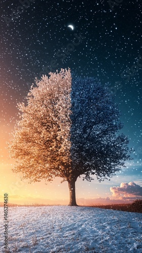 Obraz na płótnie A stunning tree exhibits dual seasons, with one side in vibrant autumn hues and the other in serene winter tones, under a starry night sky and crescent moon. w salonie