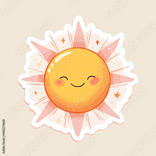 Happy smiling sun sticker with starburst design  
