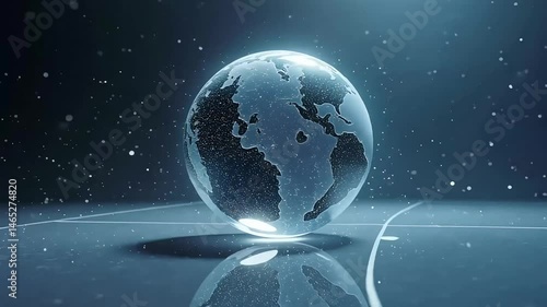 A Stunning Digital Globe Rotating on a Reflective Surface Shows Global Connectivity and Technology