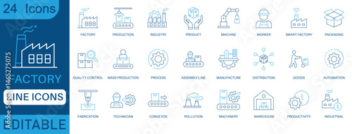 Factory line icon set. Containing industry, production, machine, manufacture, warehouse, fabrication, goods and more. perfect icon collection.