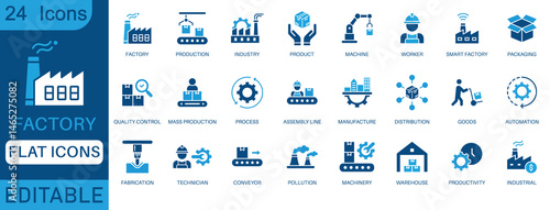 Factory icon set. Containing industry, production, machine, manufacture, warehouse, fabrication, goods and more. perfect flat  icon collection.