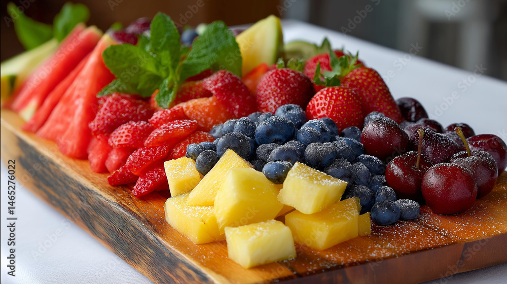 Vibrant summer fruit platter with fresh colorful fruits and mint leaves